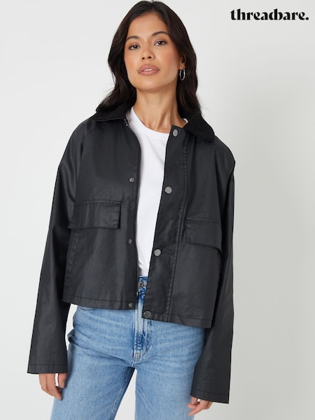 Czarny - Threadbare Waxed Jacket with Concealed Hood (F66082) | 315 zł