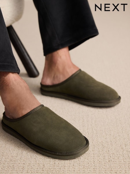 Khaki Green Faux Fur Lined Signature Suede Mule Slippers (F66088) | €32