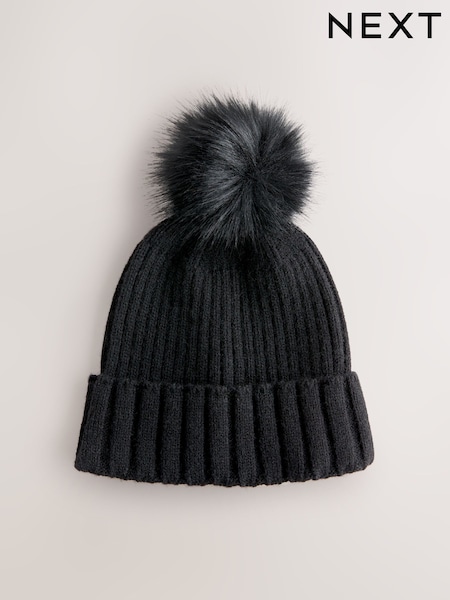 Black Rib Knit Pom Hat (F66111) | €14