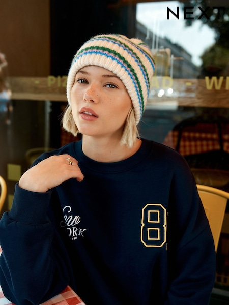 Cream/Pink/Green Knitted Beanie Hat (F66115) | AED59