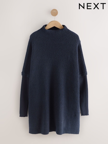 Navy Ribbed Mock Layer Poncho (F66155) | R$ 400