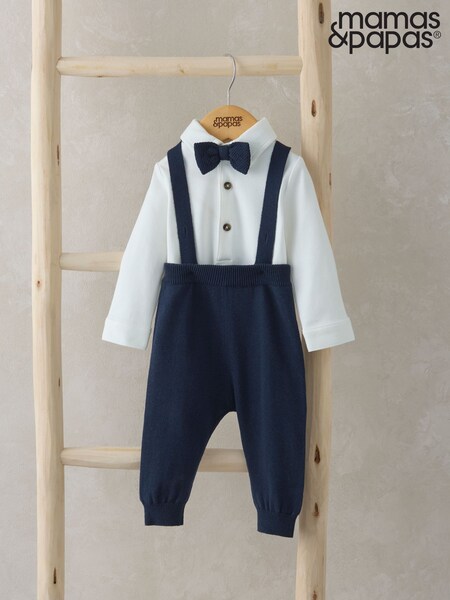 Mamas & Papas Blue 100% Cotton Bow Tie, Braces, Bodysuit & Trousers Outfit Set (F66195) | €55