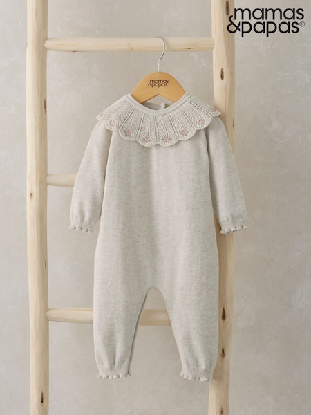 Mamas & Papas Knitted Scallop Collar 100% Cotton Brown Romper (F66200) | ₪161