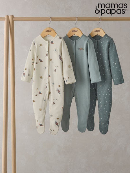 Mamas & Papas Blue Planets 100% Cotton Sleepsuits 3 Pack (F66201) | 34 €