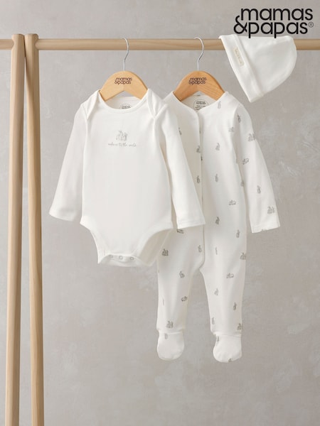 Mamas & Papas Bunny Jersey 100% Cotton White Sleepsuit, Bodysuit & Hat Set (F66206) | €37