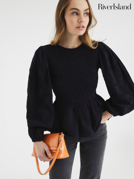 River Island Black Shirred Bodice 100% Cotton Top (F66290) | ₪201