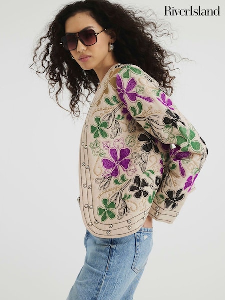 River Island Cream Floral Studded Jacket (F66291) | ₪347
