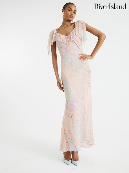 River Island Ruffle Printed Embellished Maxi Dress (F66292) | ‏347‏₪