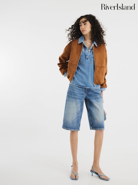 River Island Blue Mid Rise Longline Jort 100% Cotton Shorts (F66302) | €42
