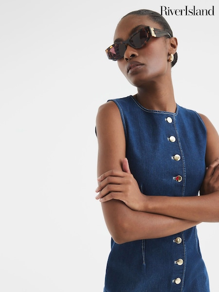 River Island Blue 100% Cotton Denim Button Front Midi Dress (F66304) | $118