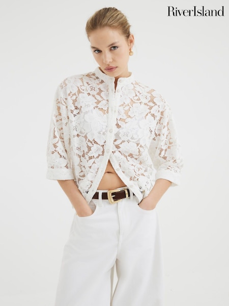 River Island White Collar Lace Shirt (F66305) | €56