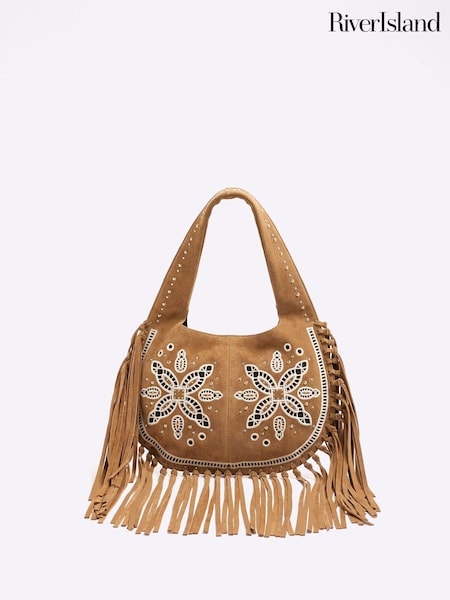 River Island Leather Fringed Broderie Shoulder Bag (F66306) | €93