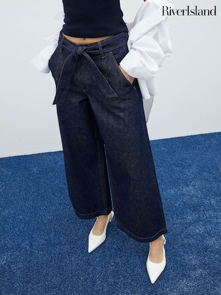 River Island 100% Cotton Belted Cropped Wide Leg Jeans (F66311) | €70