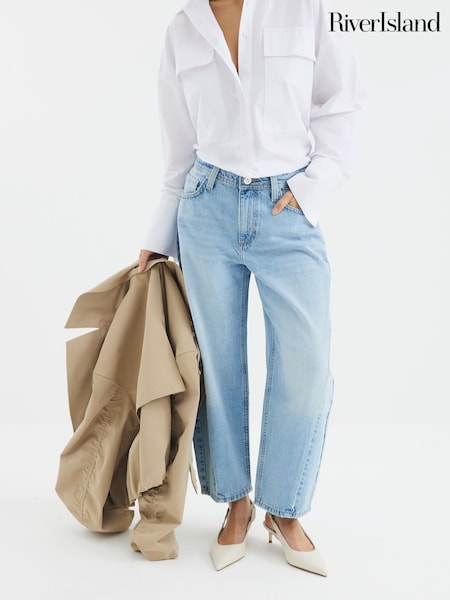 River Island Blue 100% Cotton Petite Seamed Barrel Jeans (F66320) | €66