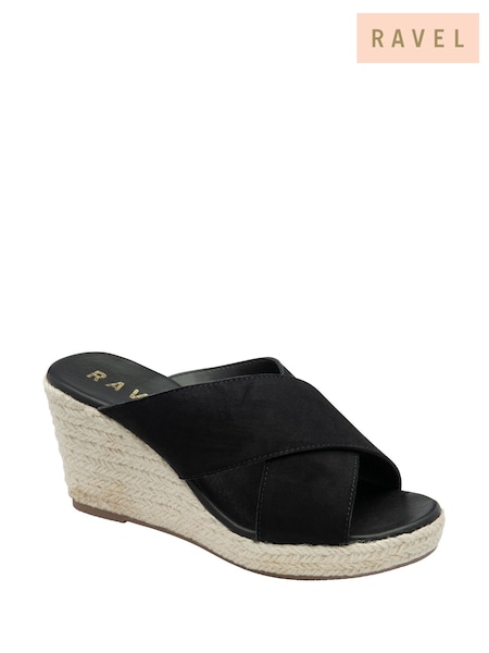Ravel Black Suede Wedge Mule Sandals (F66372) | €100