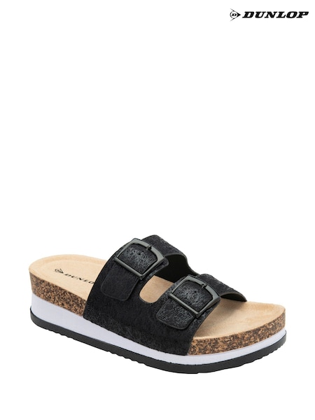 Dunlop Black Twin Strap Wedge Footbed Mules (F66468) | $40