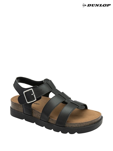 أسود - Dunlop Leather Strap Buckle Wedge Sandals (F66482) | ‏262 د.إ.‏
