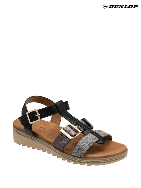 Negru - Dunlop Twin Strap T-Bar Buckle Sandals (F66492) | 261 LEI