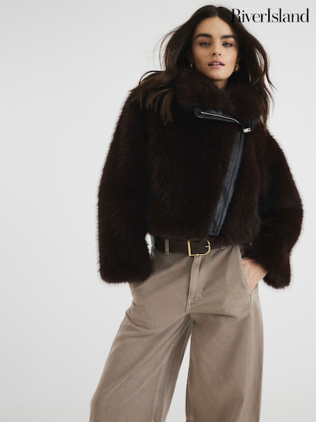 River Island Brown Faux Fur Trim Biker Jacket (F66497) | €39