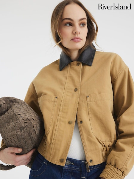 River Island Brown 100% Cotton Faux Leather Collar Casual Bomber Jacket (F66498) | ₪246