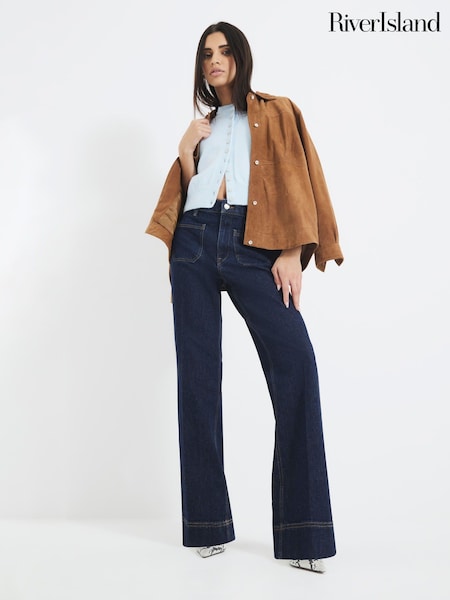 River Island Blue High Rise Pocket Front Wide Leg Jeans (F66500) | €73