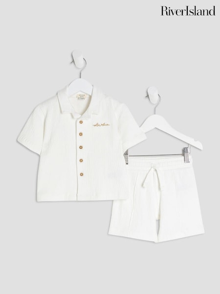 River Island White Boys Textured Revere Shirt amd Short Set (F66505) | €26