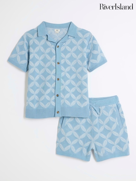 River Island Blue Regular Fit Boys Geo Revere 100% Cotton Polo Shorts Set (F66512) | €37