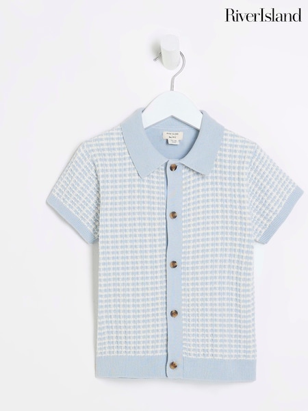 River Island Blue Boys Textured Revere Knit 100% Cotton Polo Shirt (F66518) | €20