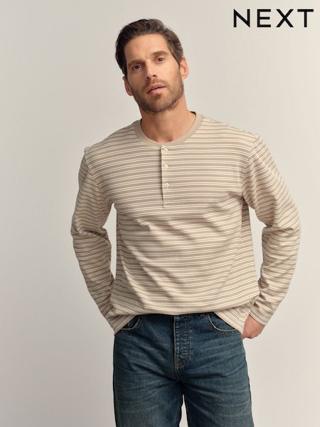 Neutral Stripe Long Sleeve Grandad Collar 100% Cotton T-Shirt (F66631) | 129 QAR