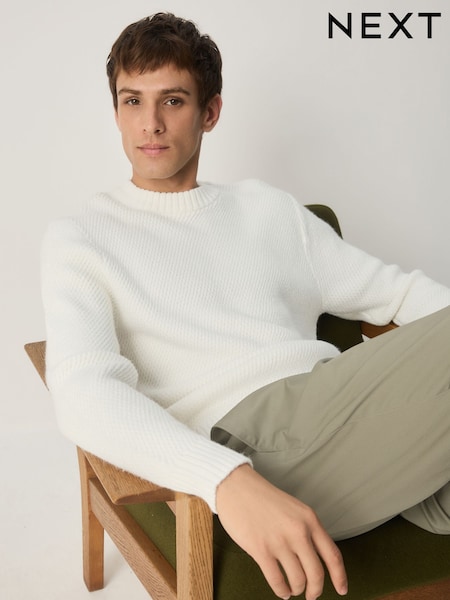 Ecru White Regular Fit Textured Crew Jumper (F66879) | €48