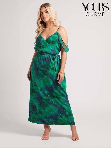 Yours Curve Green London Abstract Metallic Spot Ruffle Dress (F66963) | 346 QAR