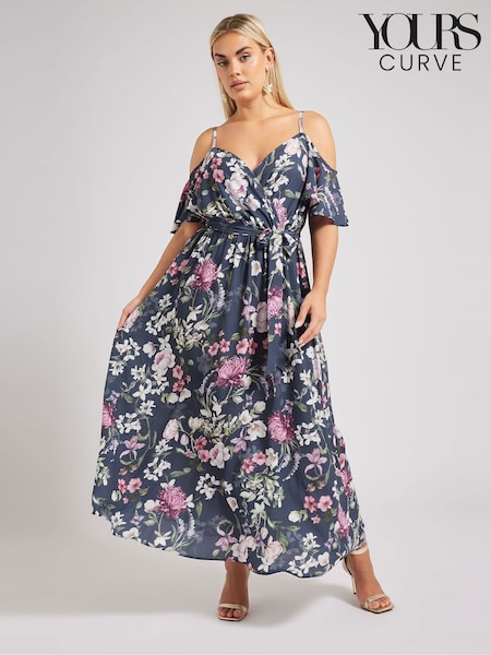 Yours Curve Blue London Floral Cold Shoulder Wrap Maxi Dress (F66977) | €86