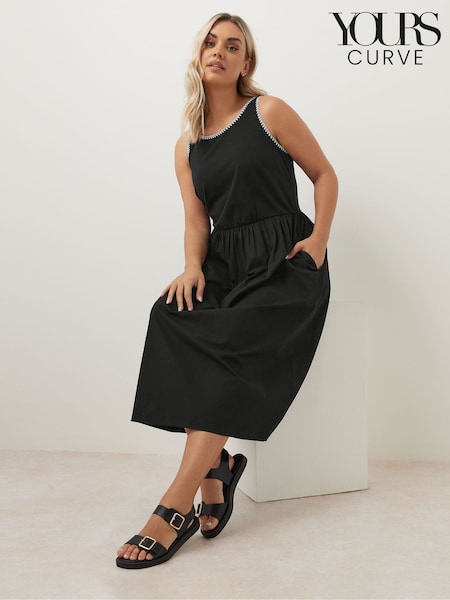 Yours Curve Black 100% Cotton Poplin Blanket Stitch Dress (F67008) | €43