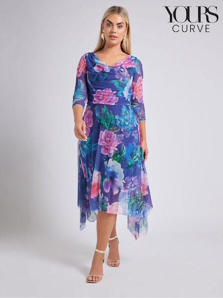 Синий - Yours Curve London Flower Mesh Cowl Hanky Hem Dress (F67009) | €76