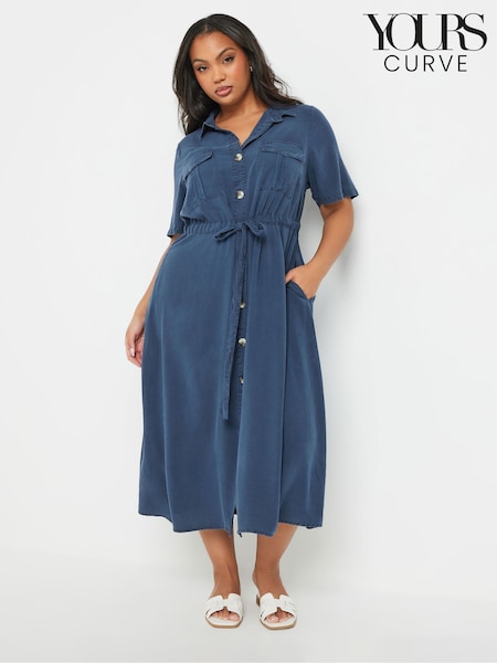 Yours Curve Blue Short Sleeve Chambray Cord Shirt Dress (F67026) | ₪186