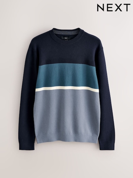 Navy Blue Regular Fit Colourblock Stripe Crew Neck Jumper (F67106) | €38
