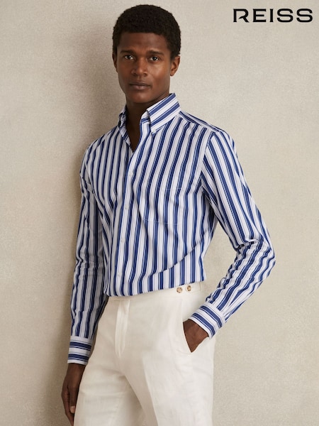 Reiss White/Blue Xeno Cotton Stripe Button-Down Shirt Regular-Fit (F67121) | ₪802