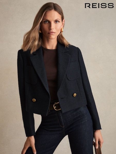 Reiss Navy Mia Double-Breasted Textured Cropped Blazer with Wool and Cotton (F67122) | €330