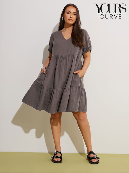 Yours Curve Brown Smock Cheesecloth Mini100% Cotton Dress (F67213) | ₪156