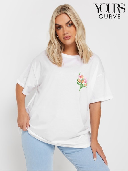 Yours Curve White Placement Relaxed 100% Cotton T-Shirt (F67215) | €25