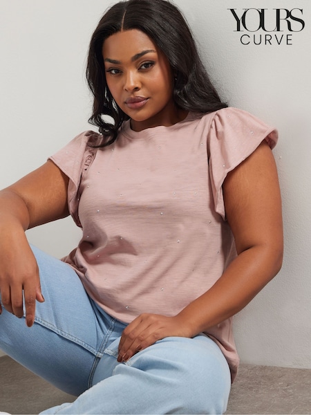 Yours Curve Pink Frill Sleeve Stud T-Shirt (F67216) | €34