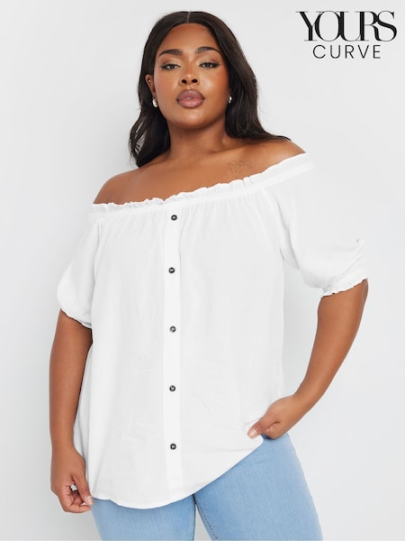 Valkoinen - Yours Curve Button Chambray Bardot Pusero (F67241) | €43