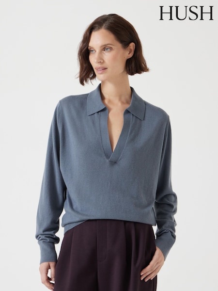 Hush Blue Open Collar Knitted Jumper (F67291) | €123