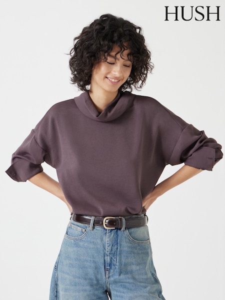 Hush Brown 100% Cotton Long Sleeve Cowl Neck Top (F67341) | ₪402