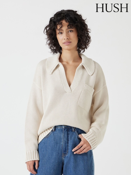Hush Cream Knitted 100% Cotton Collar Jumper With Pocket (F67368) | $157