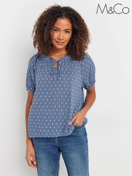 M&Co Blue 100% Cotton Dobby Boho Short Sleeve Top (F67426) | €37