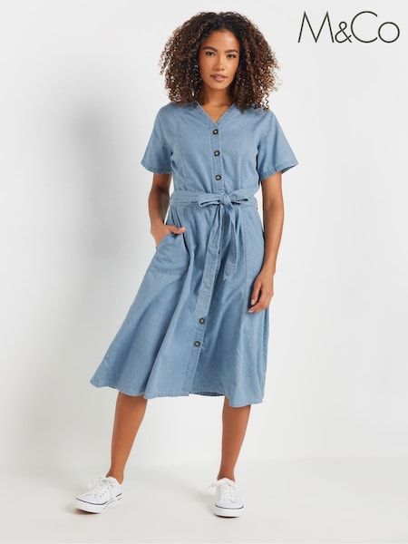 M&Co Blue Collarless Button Through Shirt Dress (F67430) | €55