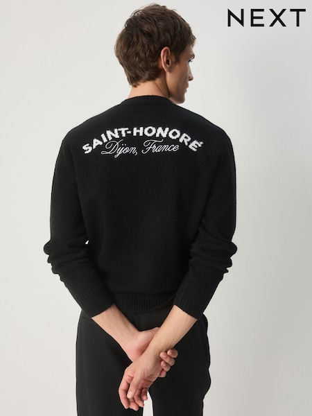 Black Relaxed Fit Paris Embroidery Crew Jumper with Wool (F67453) | €42