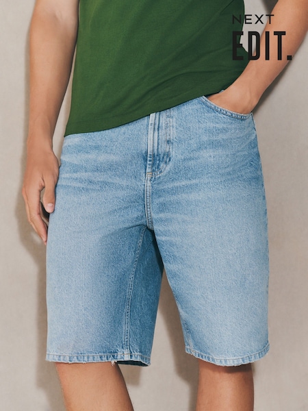 Albastru mediu prespălat - Pantaloni scurți Jort din denim (F67462) | 203 LEI