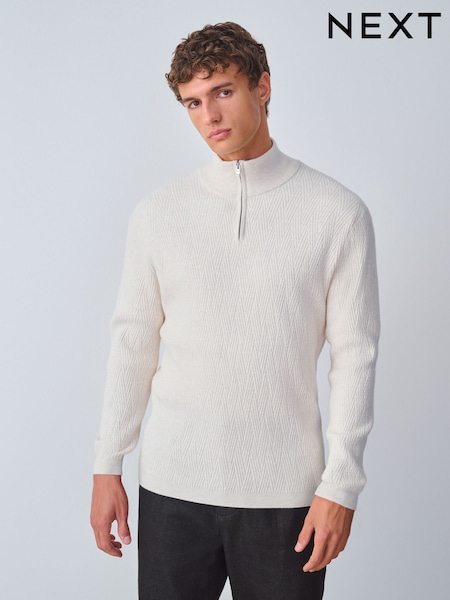 Ecru White Regular Fit Premium Cable Quarter Zip Neck Jumper (F67472) | R$ 480